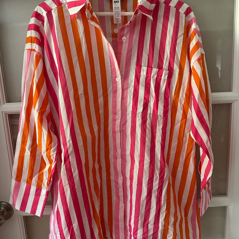 Beach Riot Vibrant Pink and Orange Button Down Shirt Swim Coverup